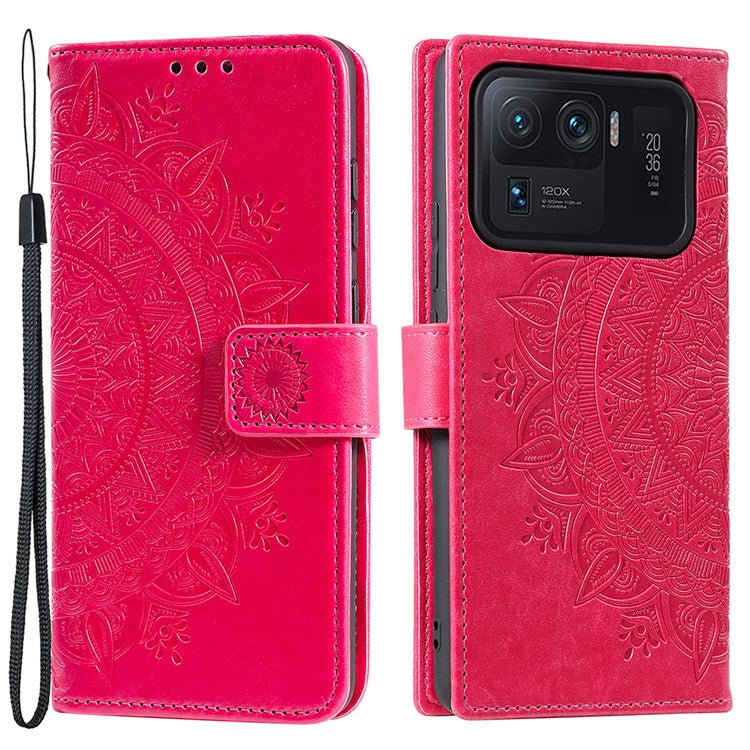 Imprinted Mandala Pattern PU Leather Wallet Stand Case with Strap for Xiaomi Mi 11 Ultra - Red