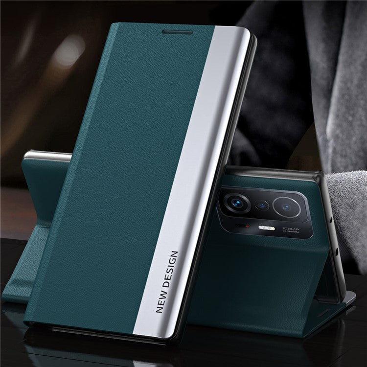 Auto Absorption Folio Flip Electroplated Leather Stand Phone Case Shell for Xiaomi 11T / 11T Pro - Green