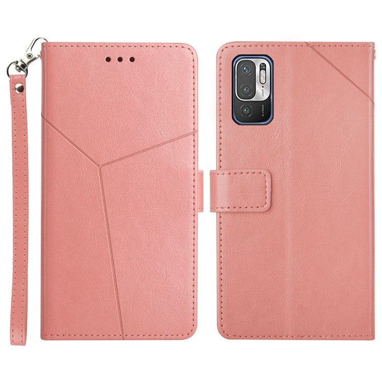 Y-shaped Line Imprinting Shock-absorbed PU Leather Phone Wallet Shell Stand Cover for Xiaomi Redmi Note 10 5G / Redmi Note 10T 5G / Poco M3 Pro 4G / Poco M3 Pro 5G - Pink