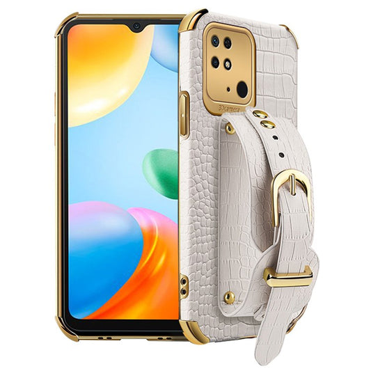 For Xiaomi Redmi 10C 4G Electroplating Crocodile Texture PU Leather Coated TPU Case Hand Strap Kickstand Phone Cover - White