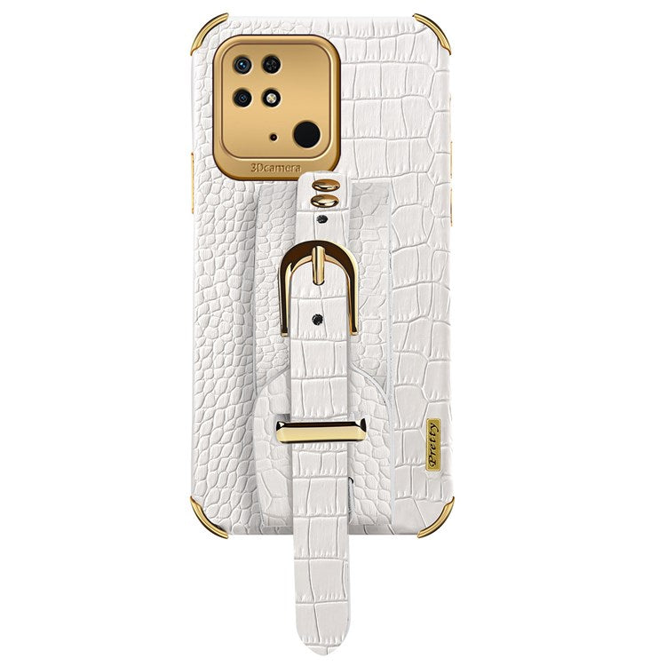 For Xiaomi Redmi 10C 4G Electroplating Crocodile Texture PU Leather Coated TPU Case Hand Strap Kickstand Phone Cover - White