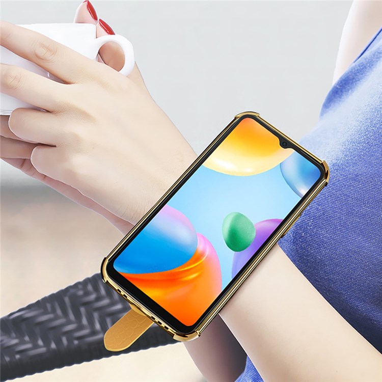 For Xiaomi Redmi 10C 4G Electroplating Crocodile Texture PU Leather Coated TPU Case Hand Strap Kickstand Phone Cover - White