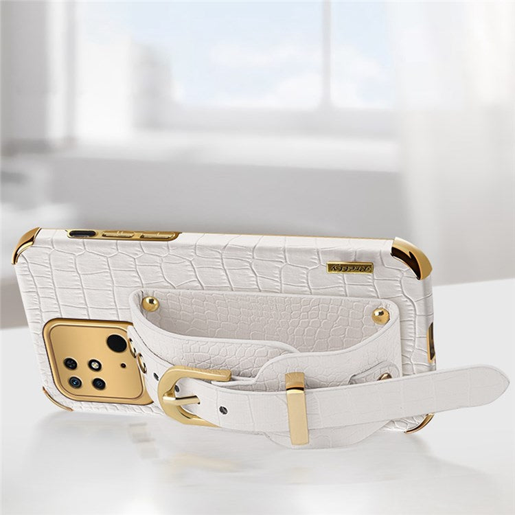 For Xiaomi Redmi 10C 4G Electroplating Crocodile Texture PU Leather Coated TPU Case Hand Strap Kickstand Phone Cover - White