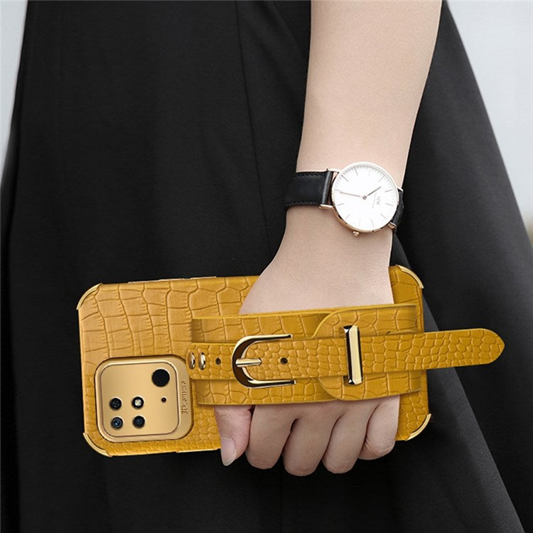 For Xiaomi Redmi 10C 4G Electroplating Crocodile Texture PU Leather Coated TPU Case Hand Strap Kickstand Phone Cover - White