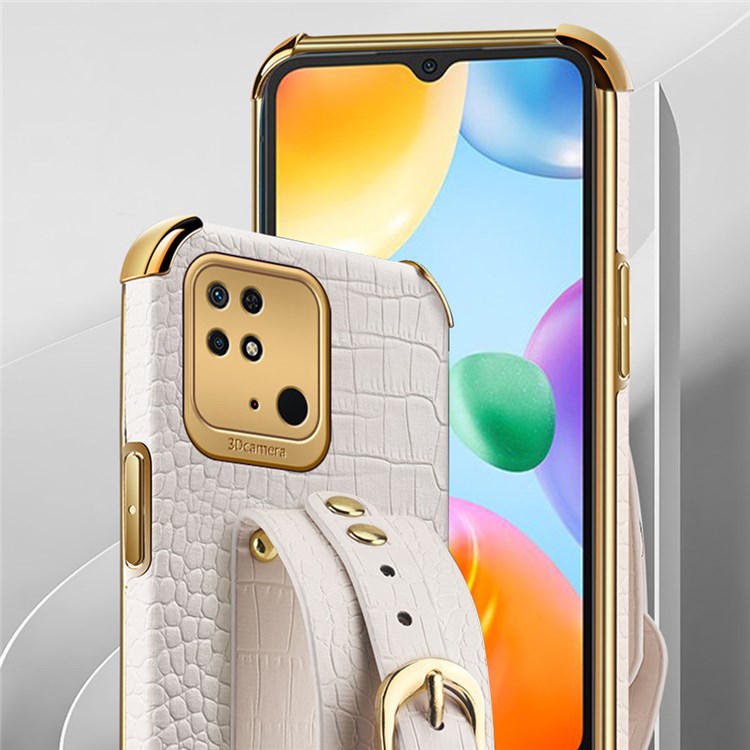 For Xiaomi Redmi 10C 4G Electroplating Crocodile Texture PU Leather Coated TPU Case Hand Strap Kickstand Phone Cover - White
