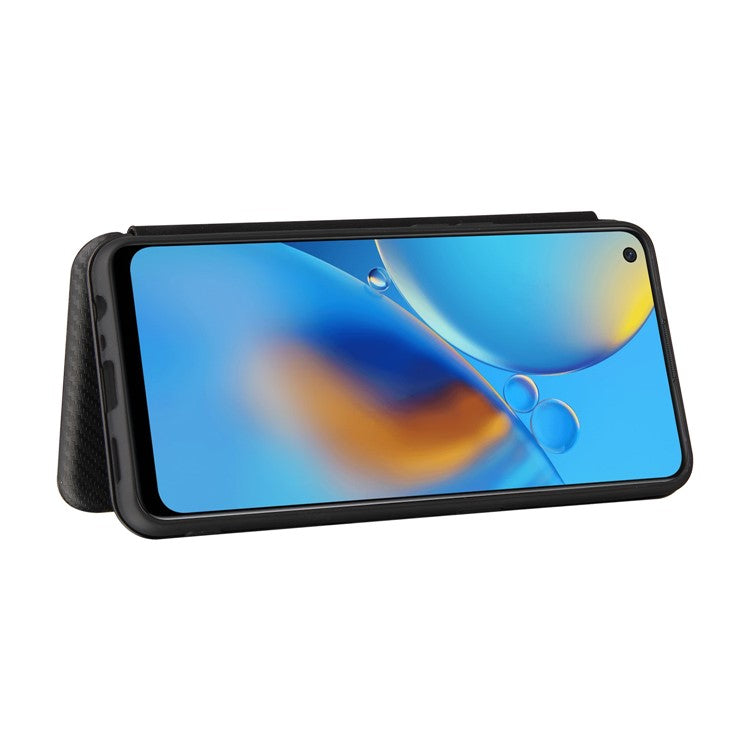 Auto-absorbed Carbon Fiber Texture Shock-proof Leather Case with Card Holder and Ring Strap for Oppo F19/A74 4G - Black