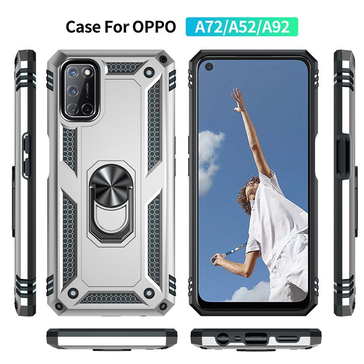 Anti-Fall Phone Hybrid PC + TPU + Metal Phone Case with Finger Ring Kickstand for Oppo A72 / A52 / A92 - White
