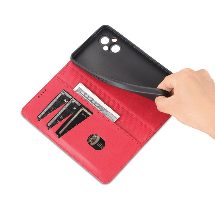 AZNS Auto-absorbed Magnetic Leather Phone for Oppo Reno7 Z 5G, Magnetic Closure Wallet Foldable Stand Protective Shell - Red