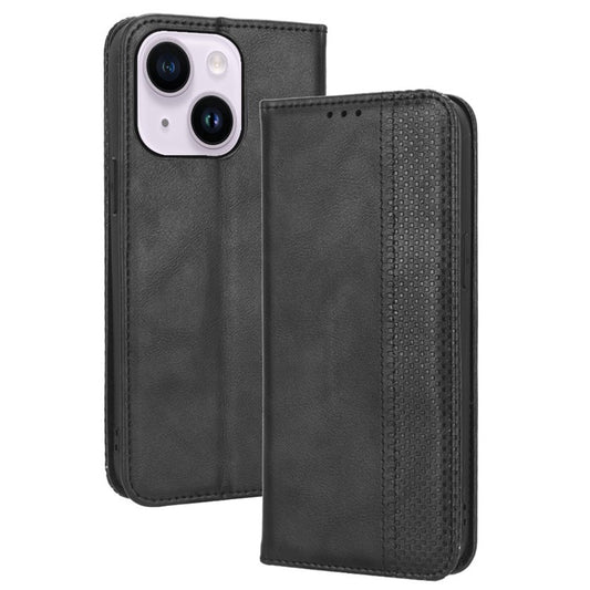 For iPhone 14 Plus 6.7 inch Anti-fall Flip Leather Case Retro Texture Phone Cover Wallet Stand Magnetic Auto Closure Well Protection Shell - Black