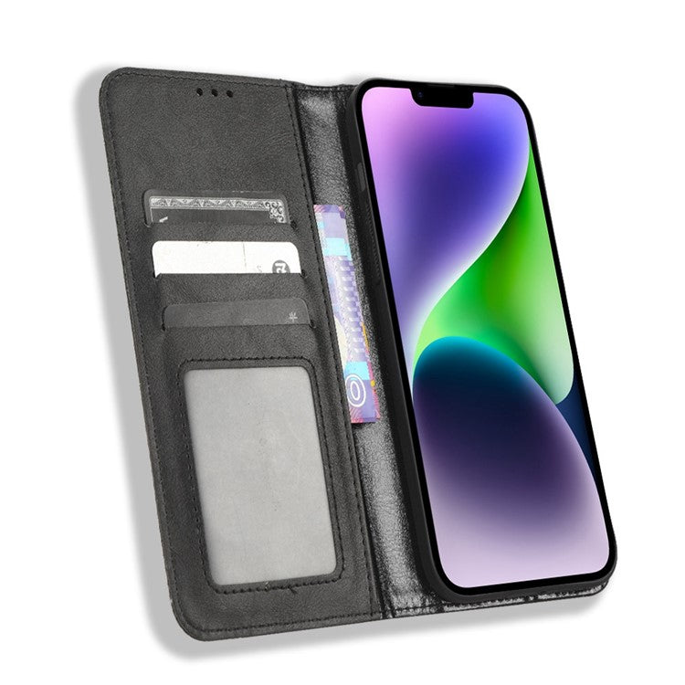 For iPhone 14 Plus 6.7 inch Anti-fall Flip Leather Case Retro Texture Phone Cover Wallet Stand Magnetic Auto Closure Well Protection Shell - Black
