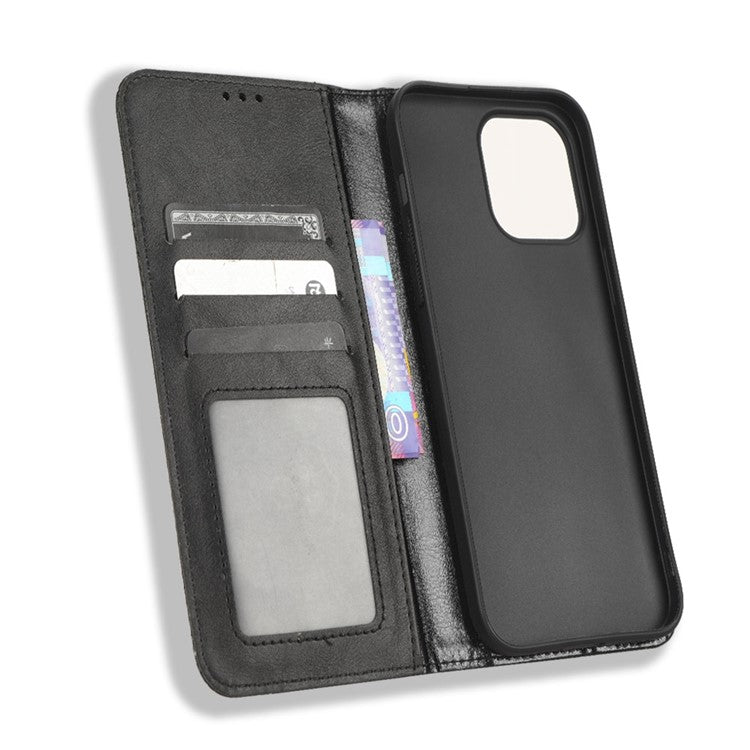 For iPhone 14 Plus 6.7 inch Anti-fall Flip Leather Case Retro Texture Phone Cover Wallet Stand Magnetic Auto Closure Well Protection Shell - Black
