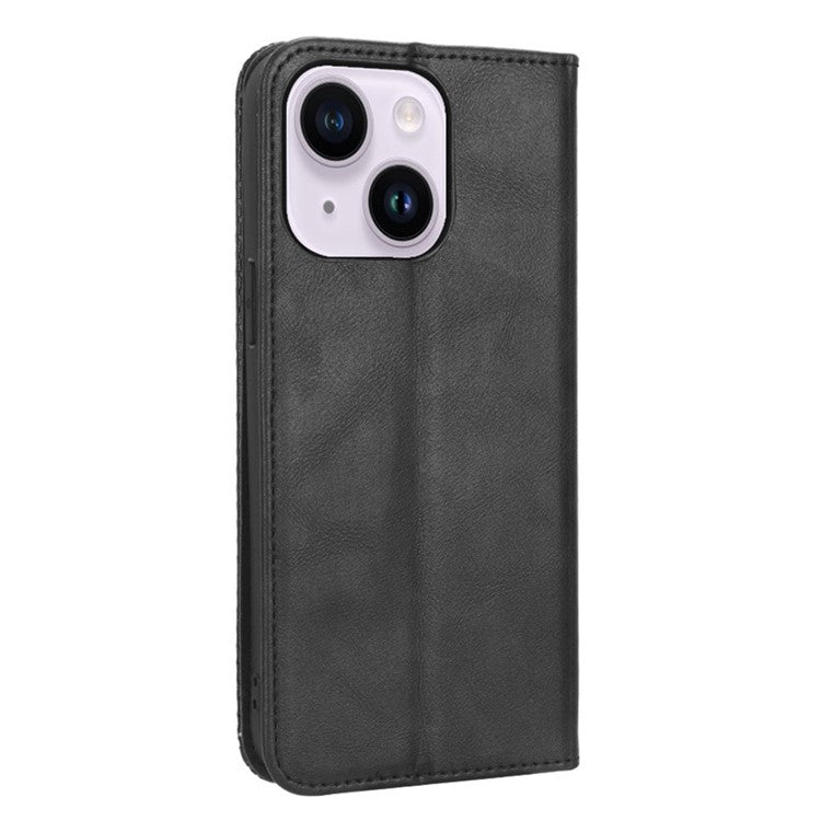For iPhone 14 Plus 6.7 inch Anti-fall Flip Leather Case Retro Texture Phone Cover Wallet Stand Magnetic Auto Closure Well Protection Shell - Black