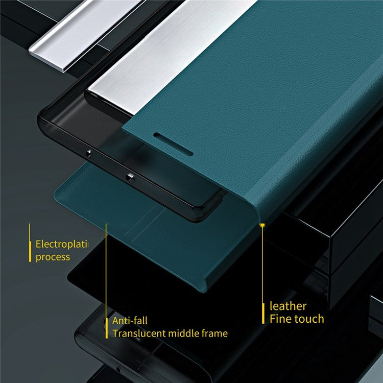 For iPhone 14 6.1 inch Electroplating PU Leather Stand Case Full Coverage Phone Cover - Sapphire