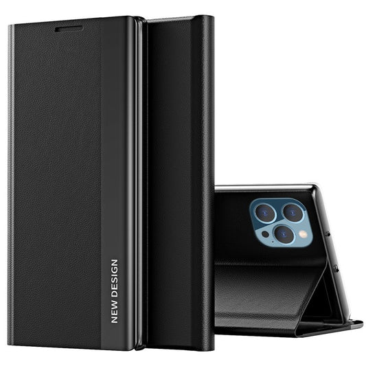 For iPhone 14 Plus 6.7 inch Folio Flip PU Leather Stand Case Bump Proof Electroplating Phone Cover - Black