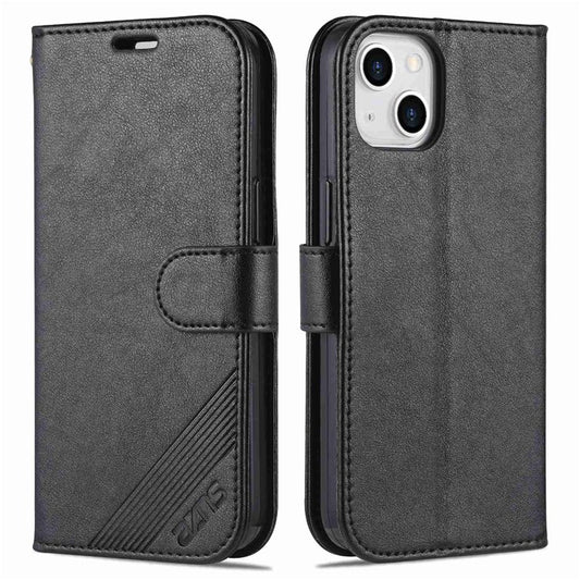 AZNS For iPhone 14 6.1 inch Shockproof PU Leather Flip Wallet Case Magnetic Closure Phone Cover Stand - Black