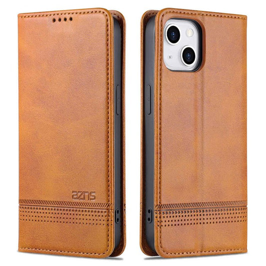 AZNS Anti-drop Phone Case for iPhone 14 6.1 inch PU Leather Folio Cover Wallet Style Magnetic Absorption Protective Shell Viewing Stand - Brown