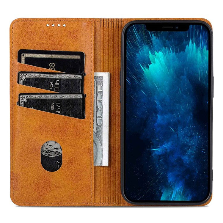 AZNS Anti-drop Phone Case for iPhone 14 6.1 inch PU Leather Folio Cover Wallet Style Magnetic Absorption Protective Shell Viewing Stand - Brown