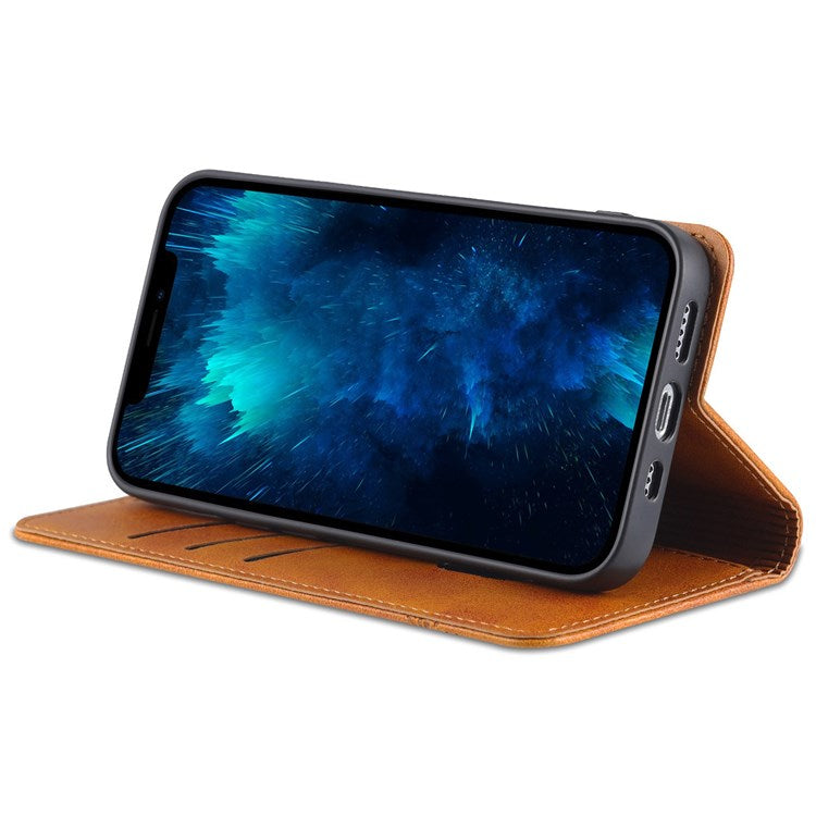 AZNS Anti-drop Phone Case for iPhone 14 6.1 inch PU Leather Folio Cover Wallet Style Magnetic Absorption Protective Shell Viewing Stand - Brown