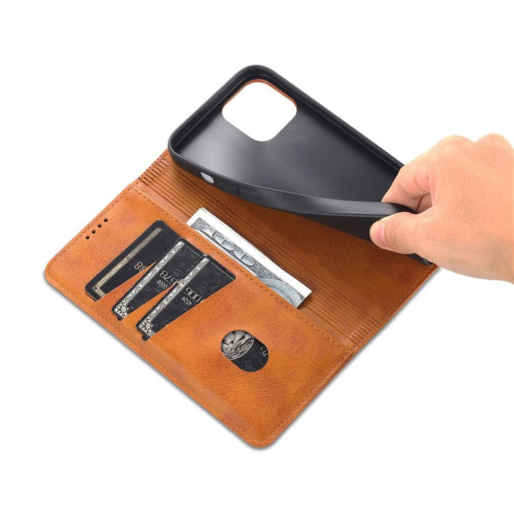 AZNS Anti-drop Phone Case for iPhone 14 6.1 inch PU Leather Folio Cover Wallet Style Magnetic Absorption Protective Shell Viewing Stand - Brown
