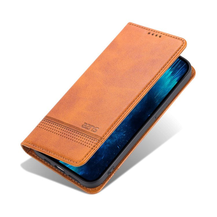 AZNS Anti-drop Phone Case for iPhone 14 6.1 inch PU Leather Folio Cover Wallet Style Magnetic Absorption Protective Shell Viewing Stand - Brown