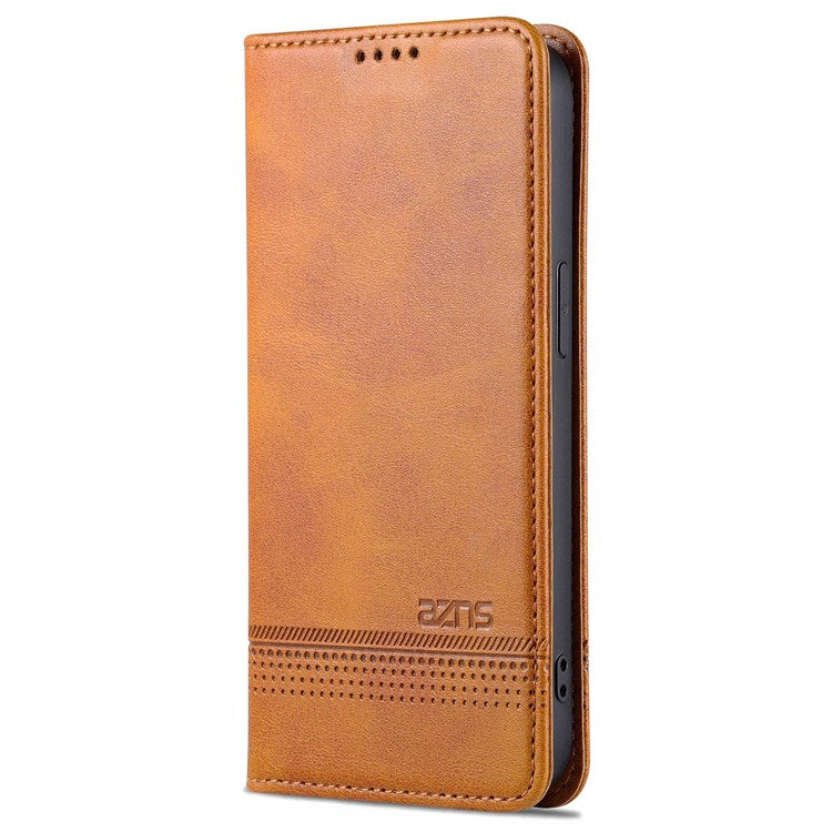AZNS Anti-drop Phone Case for iPhone 14 6.1 inch PU Leather Folio Cover Wallet Style Magnetic Absorption Protective Shell Viewing Stand - Brown
