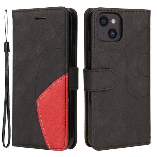 KT Leather Series-1 for iPhone 14 6.1 inch Dual-color Splicing PU Leather Phone Stand Case Folio Flip Wallet Cover - Black