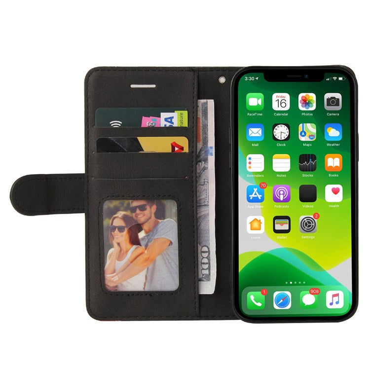 KT Leather Series-1 for iPhone 14 6.1 inch Dual-color Splicing PU Leather Phone Stand Case Folio Flip Wallet Cover - Black