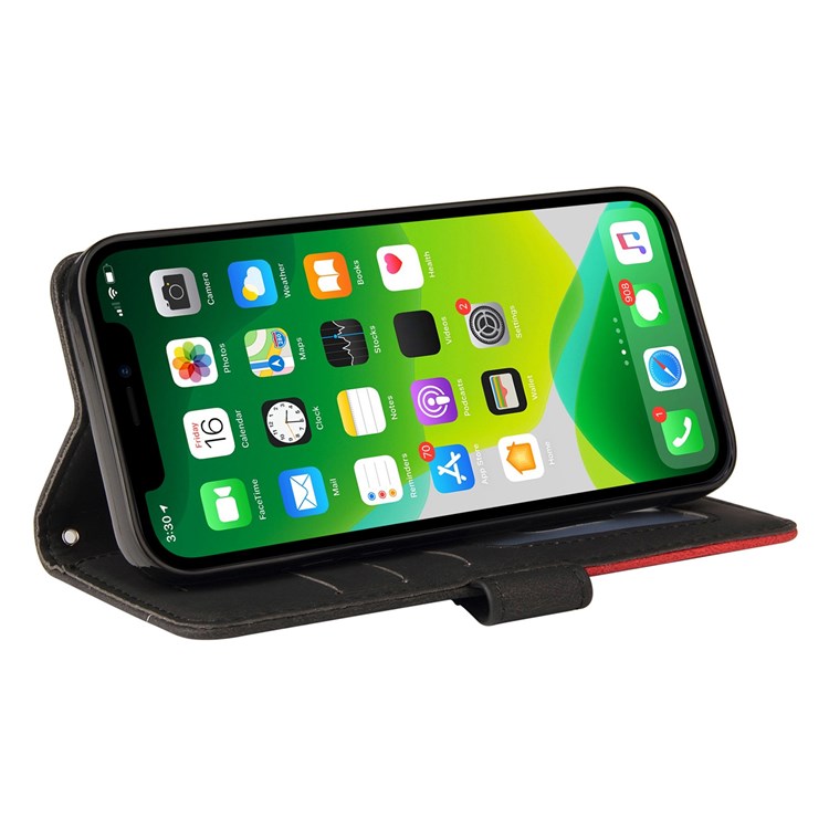 KT Leather Series-1 for iPhone 14 6.1 inch Dual-color Splicing PU Leather Phone Stand Case Folio Flip Wallet Cover - Black