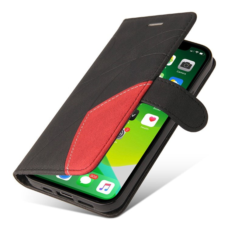 KT Leather Series-1 for iPhone 14 6.1 inch Dual-color Splicing PU Leather Phone Stand Case Folio Flip Wallet Cover - Black