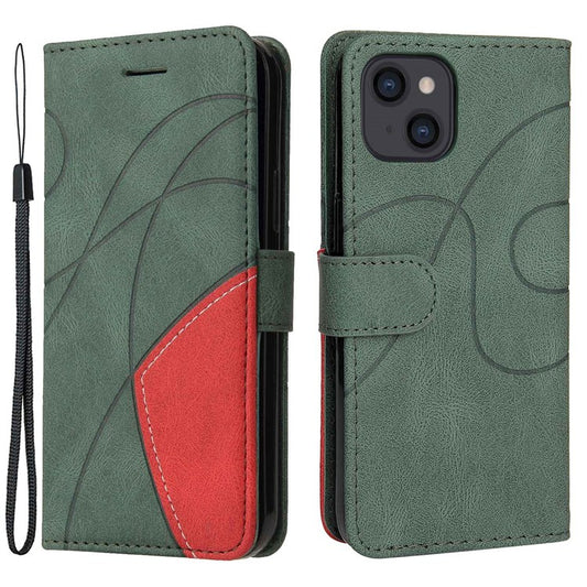 KT Leather Series-1 for iPhone 14 6.1 inch Dual-color Splicing PU Leather Phone Stand Case Folio Flip Wallet Cover - Green