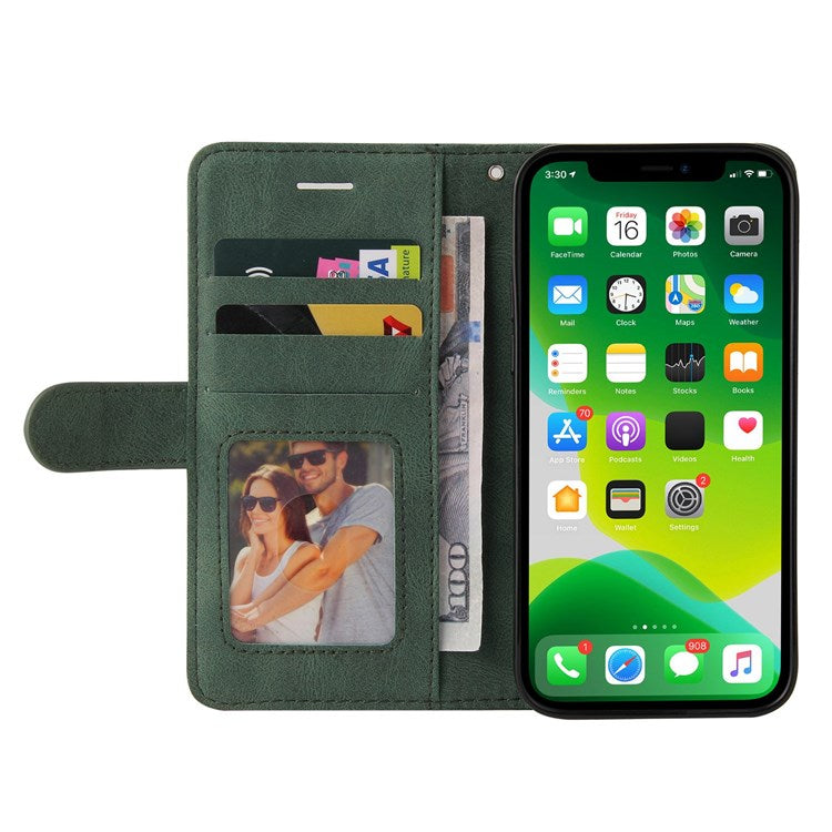KT Leather Series-1 for iPhone 14 6.1 inch Dual-color Splicing PU Leather Phone Stand Case Folio Flip Wallet Cover - Green