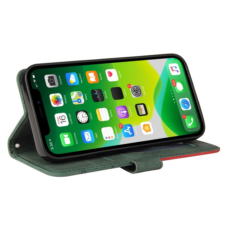KT Leather Series-1 for iPhone 14 6.1 inch Dual-color Splicing PU Leather Phone Stand Case Folio Flip Wallet Cover - Green