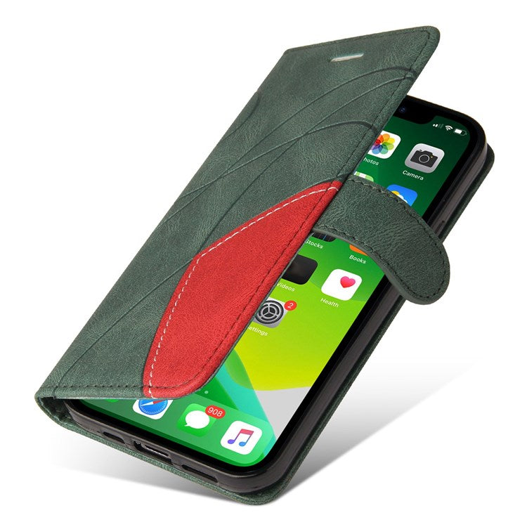 KT Leather Series-1 for iPhone 14 6.1 inch Dual-color Splicing PU Leather Phone Stand Case Folio Flip Wallet Cover - Green