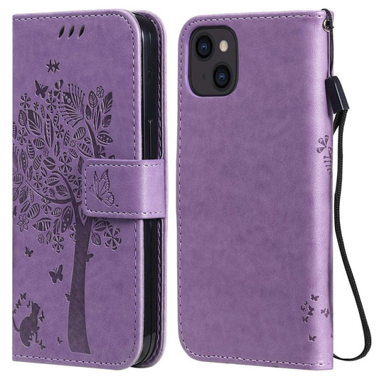 KT Imprinting Flower Series-3 Phone Case for iPhone 14 6.1 inch Shockproof PU Leather Imprinted Cat Tree Pattern Wallet Phone Cover with Stand/Strap - Light Purple