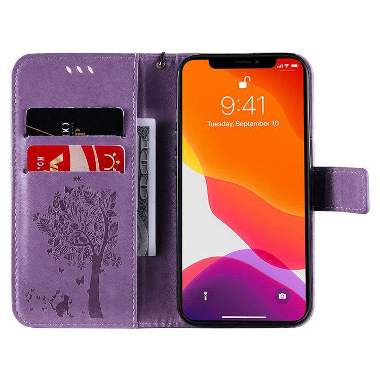 KT Imprinting Flower Series-3 Phone Case for iPhone 14 6.1 inch Shockproof PU Leather Imprinted Cat Tree Pattern Wallet Phone Cover with Stand/Strap - Light Purple