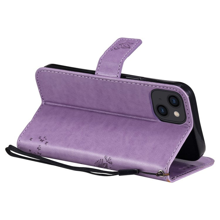 KT Imprinting Flower Series-3 Phone Case for iPhone 14 6.1 inch Shockproof PU Leather Imprinted Cat Tree Pattern Wallet Phone Cover with Stand/Strap - Light Purple