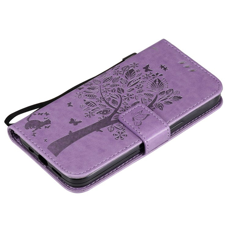 KT Imprinting Flower Series-3 Phone Case for iPhone 14 6.1 inch Shockproof PU Leather Imprinted Cat Tree Pattern Wallet Phone Cover with Stand/Strap - Light Purple