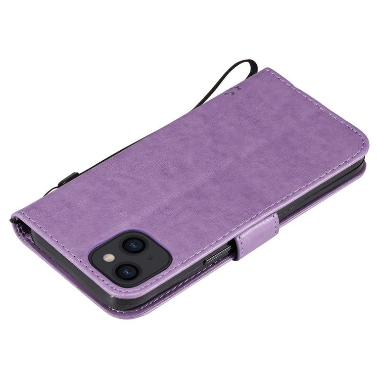 KT Imprinting Flower Series-3 Phone Case for iPhone 14 6.1 inch Shockproof PU Leather Imprinted Cat Tree Pattern Wallet Phone Cover with Stand/Strap - Light Purple