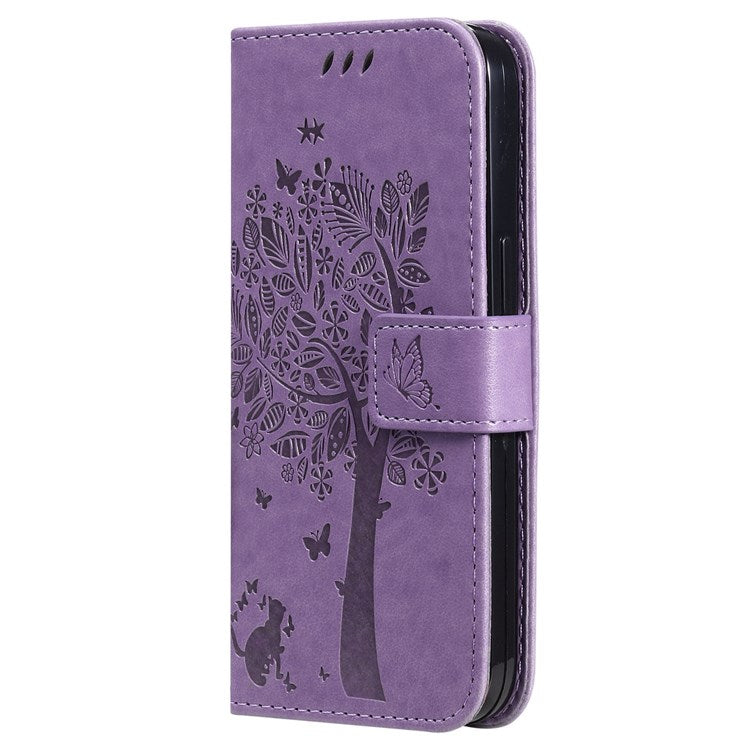 KT Imprinting Flower Series-3 Phone Case for iPhone 14 6.1 inch Shockproof PU Leather Imprinted Cat Tree Pattern Wallet Phone Cover with Stand/Strap - Light Purple