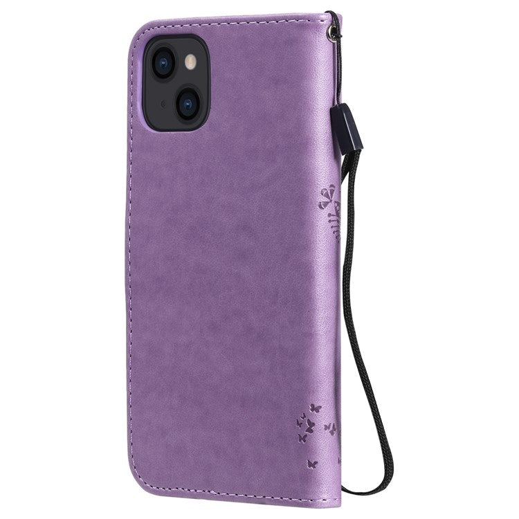 KT Imprinting Flower Series-3 Phone Case for iPhone 14 6.1 inch Shockproof PU Leather Imprinted Cat Tree Pattern Wallet Phone Cover with Stand/Strap - Light Purple