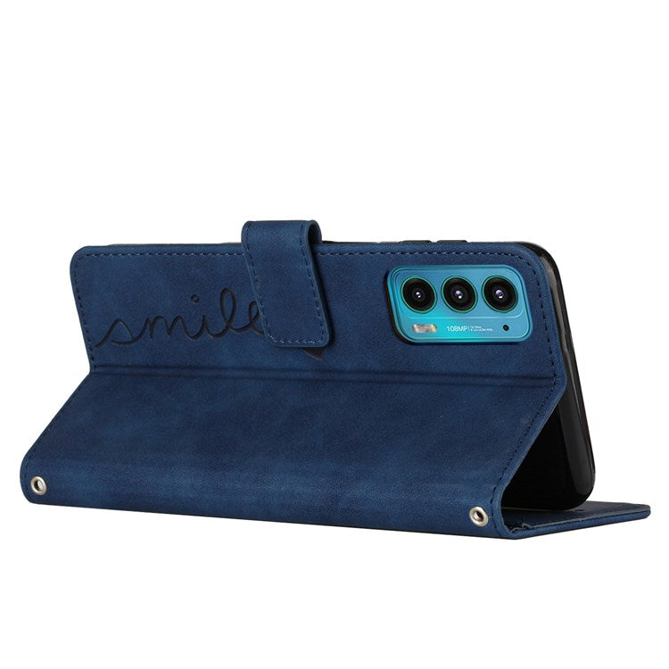 Skin-touch Feeling Phone Case for Motorola Edge 20, PU Leather Heart Shape Imprinted Stand Wallet Cover - Sapphire