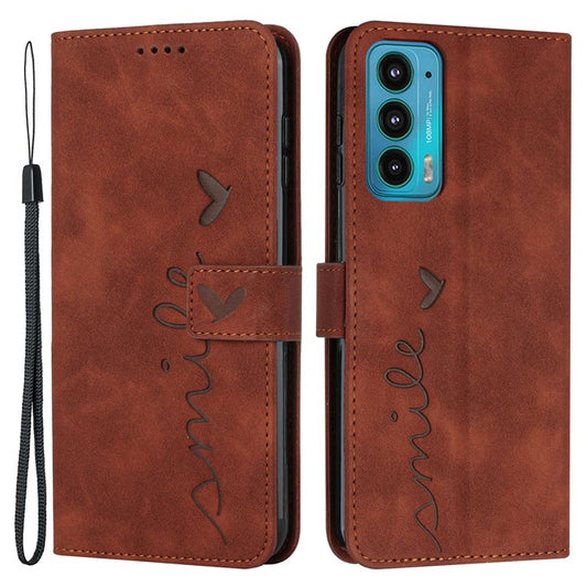 Skin-touch Feeling Phone Case for Motorola Edge 20, PU Leather Heart Shape Imprinted Stand Wallet Cover - Brown
