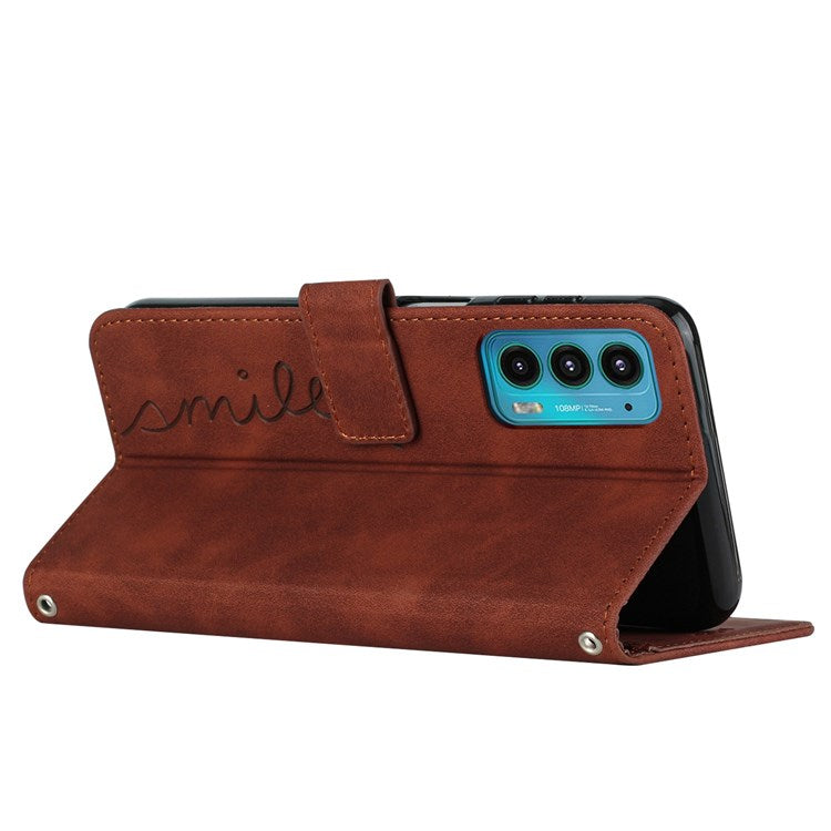Skin-touch Feeling Phone Case for Motorola Edge 20, PU Leather Heart Shape Imprinted Stand Wallet Cover - Brown