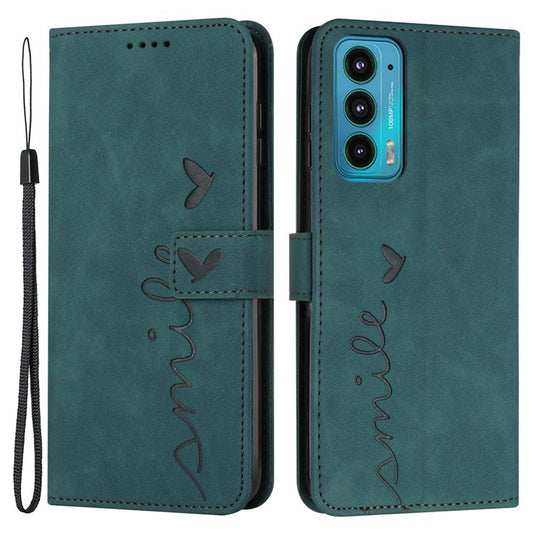 Skin-touch Feeling Phone Case for Motorola Edge 20, PU Leather Heart Shape Imprinted Stand Wallet Cover - Green