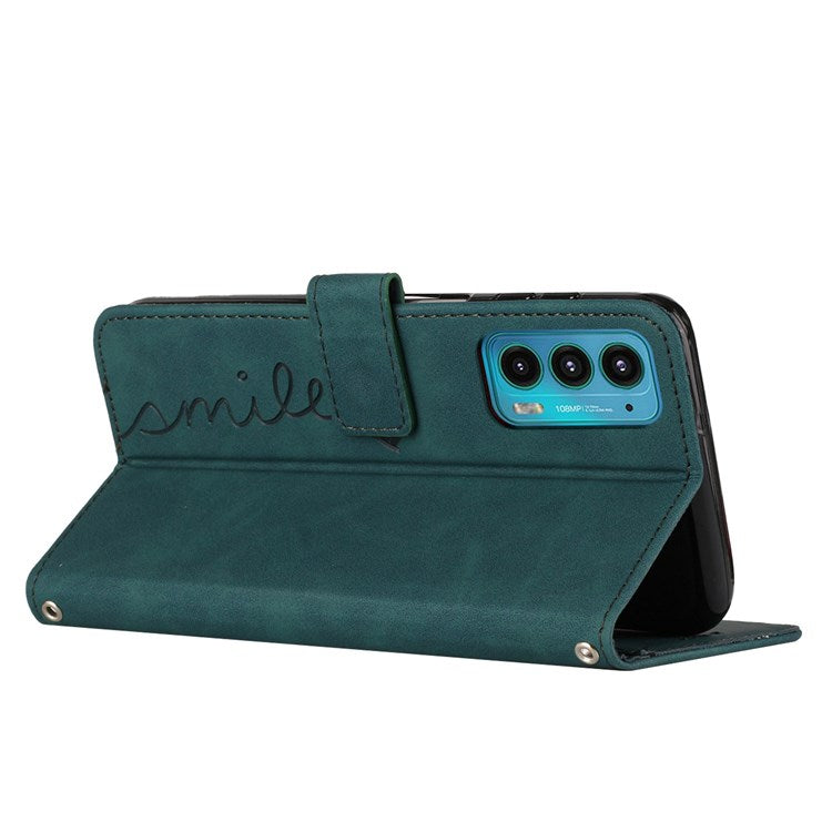 Skin-touch Feeling Phone Case for Motorola Edge 20, PU Leather Heart Shape Imprinted Stand Wallet Cover - Green