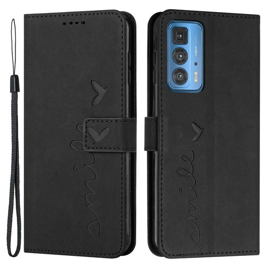 Skin-touch PU Leather Cover for Motorola Edge 20 Pro, Stand Wallet Heart Shape Imprinted Magnetic Clasp Phone Case - Black