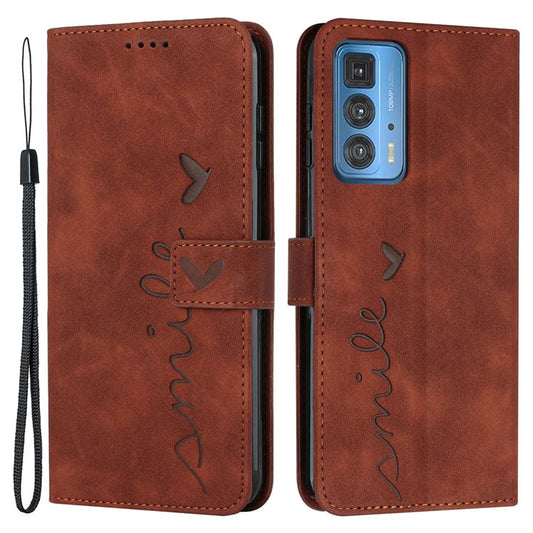 Skin-touch PU Leather Cover for Motorola Edge 20 Pro, Stand Wallet Heart Shape Imprinted Magnetic Clasp Phone Case - Brown