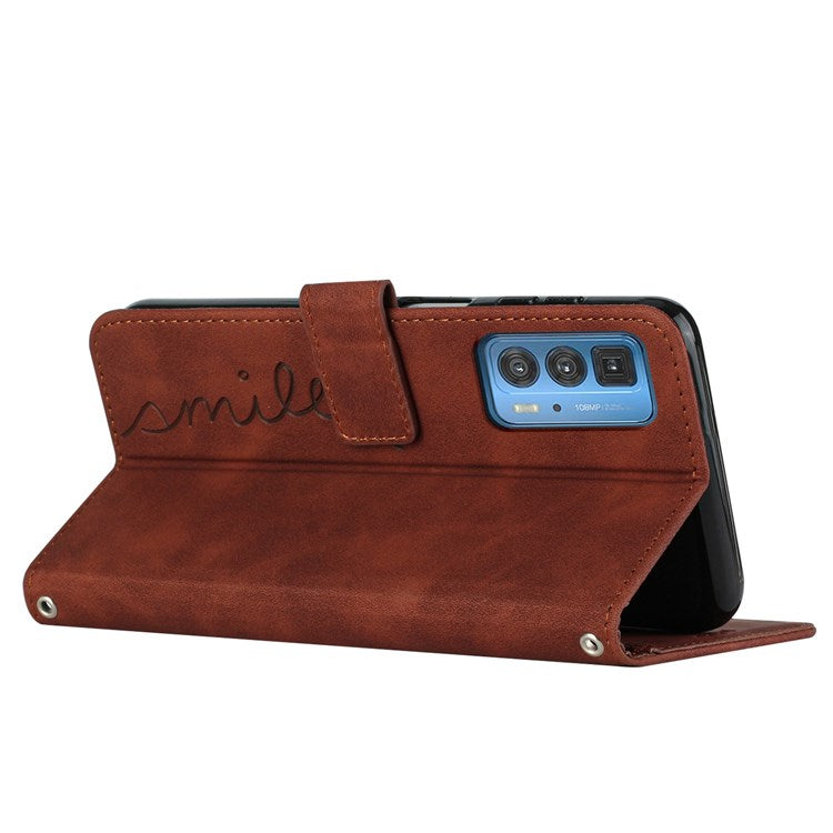 Skin-touch PU Leather Cover for Motorola Edge 20 Pro, Stand Wallet Heart Shape Imprinted Magnetic Clasp Phone Case - Brown