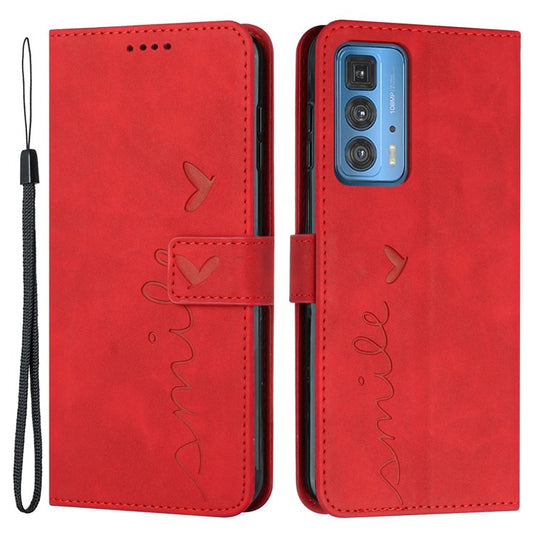 Skin-touch PU Leather Cover for Motorola Edge 20 Pro, Stand Wallet Heart Shape Imprinted Magnetic Clasp Phone Case - Red