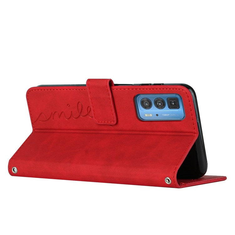 Skin-touch PU Leather Cover for Motorola Edge 20 Pro, Stand Wallet Heart Shape Imprinted Magnetic Clasp Phone Case - Red